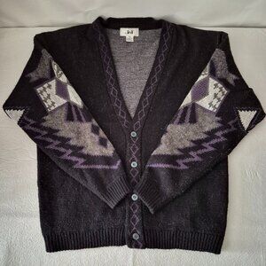 Vtg 90's Jed Mens M Abstract Long Sleeve Button Up Cardigan Sweater Black Purple
